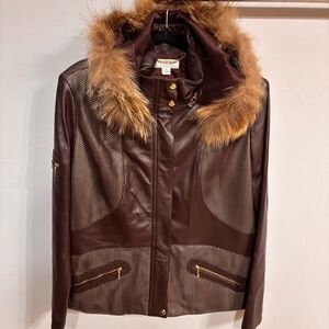 NWOT St. John Sport Choc Velvet Brown Leather Jacket w Raccoon Fur L/XL